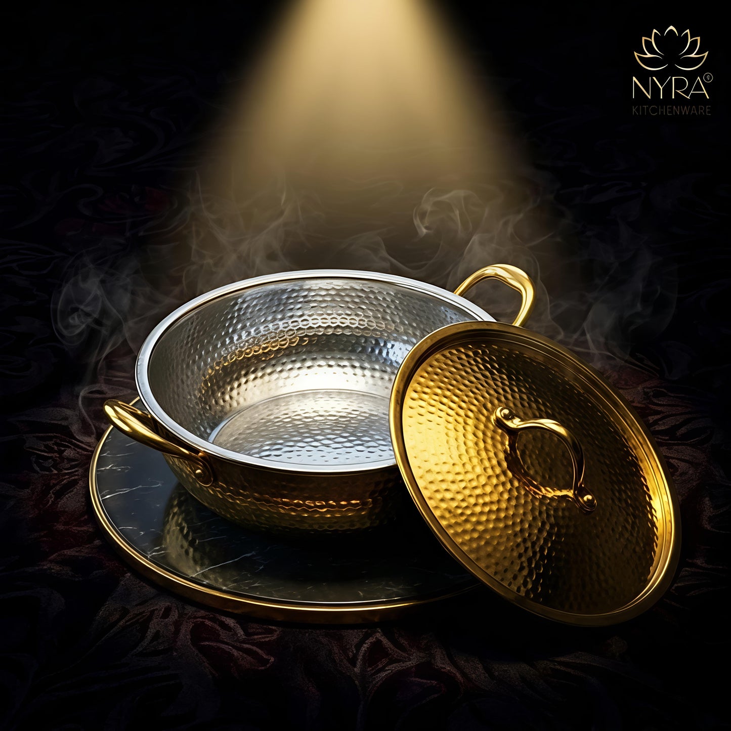 Premium Pure Brass Hammered Kadhai with Lid | Authentic Tin-Coated (Kalai) Cooking Wok - Traditional Mathar Finish Brass Cookware for Biryani & Curries
