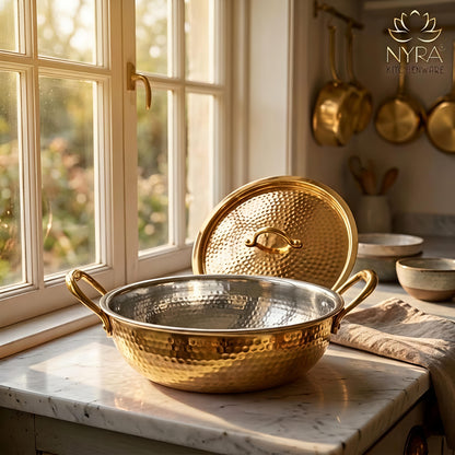 Premium Pure Brass Hammered Kadhai with Lid | Authentic Tin-Coated (Kalai) Cooking Wok - Traditional Mathar Finish Brass Cookware for Biryani & Curries