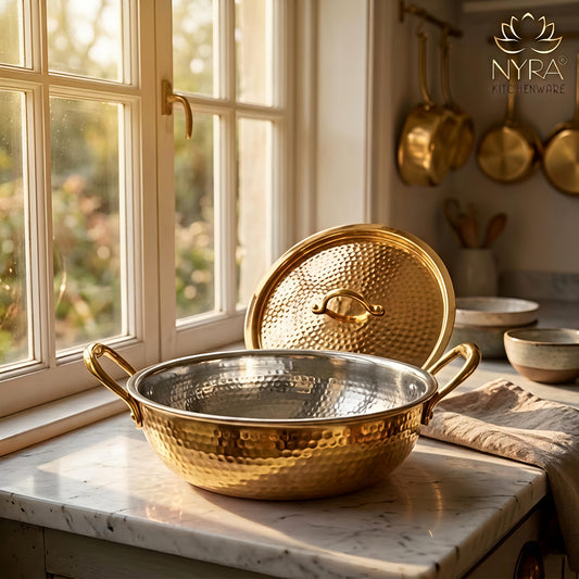 Premium Pure Brass Hammered Kadhai with Lid | Authentic Tin-Coated (Kalai) Cooking Wok - Traditional Mathar Finish Brass Cookware for Biryani & Curries