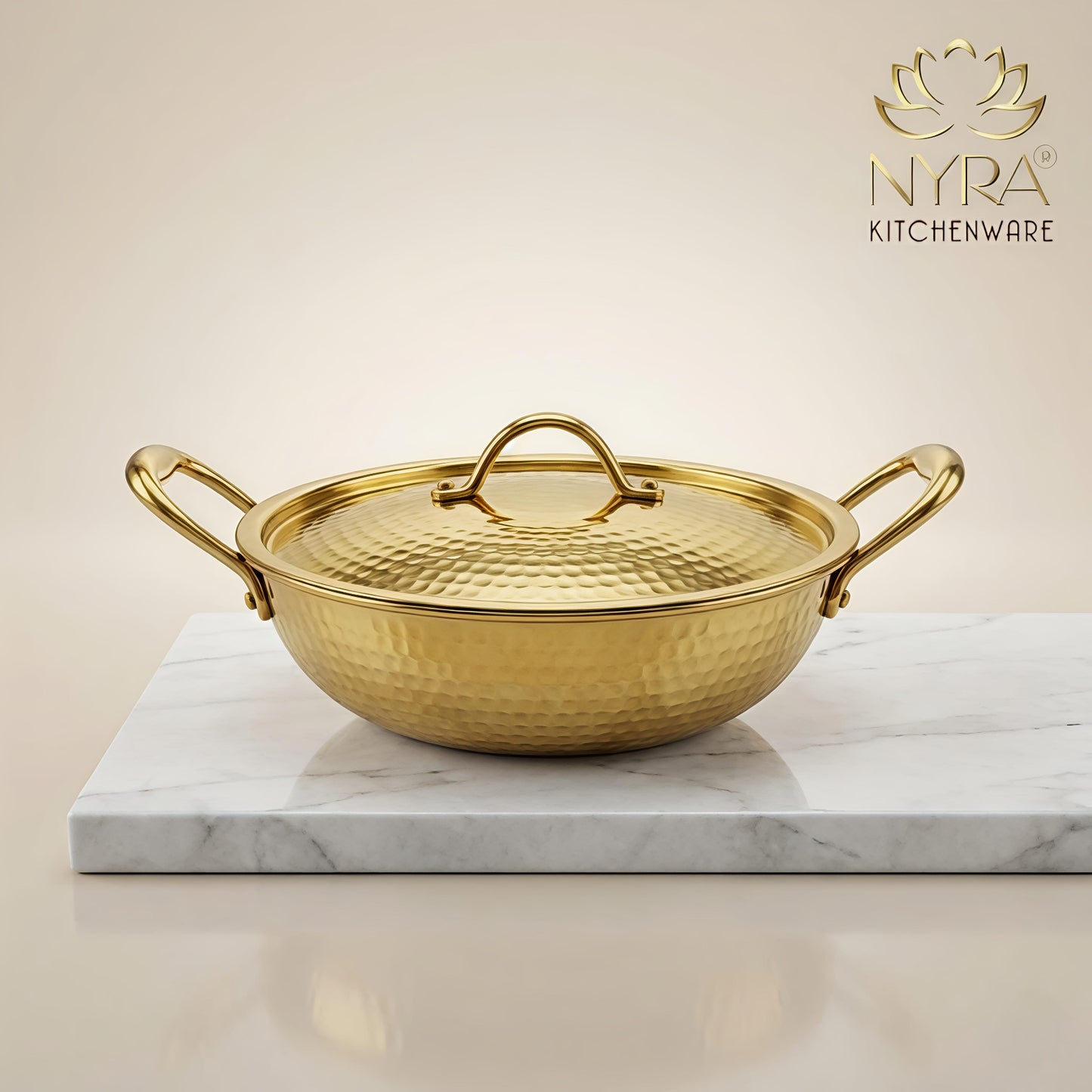 Premium Pure Brass Hammered Kadhai with Lid | Authentic Tin-Coated (Kalai) Cooking Wok - Traditional Mathar Finish Brass Cookware for Biryani & Curries