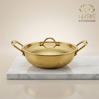 Premium Pure Brass Hammered Kadhai with Lid | Authentic Tin-Coated (Kalai) Cooking Wok - Traditional Mathar Finish Brass Cookware for Biryani & Curries