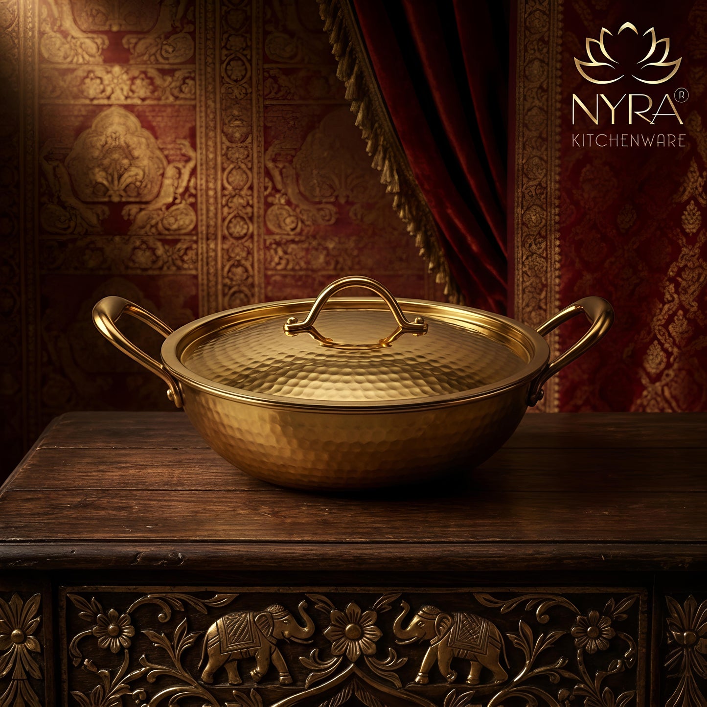 Premium Pure Brass Hammered Kadhai with Lid | Authentic Tin-Coated (Kalai) Cooking Wok - Traditional Mathar Finish Brass Cookware for Biryani & Curries