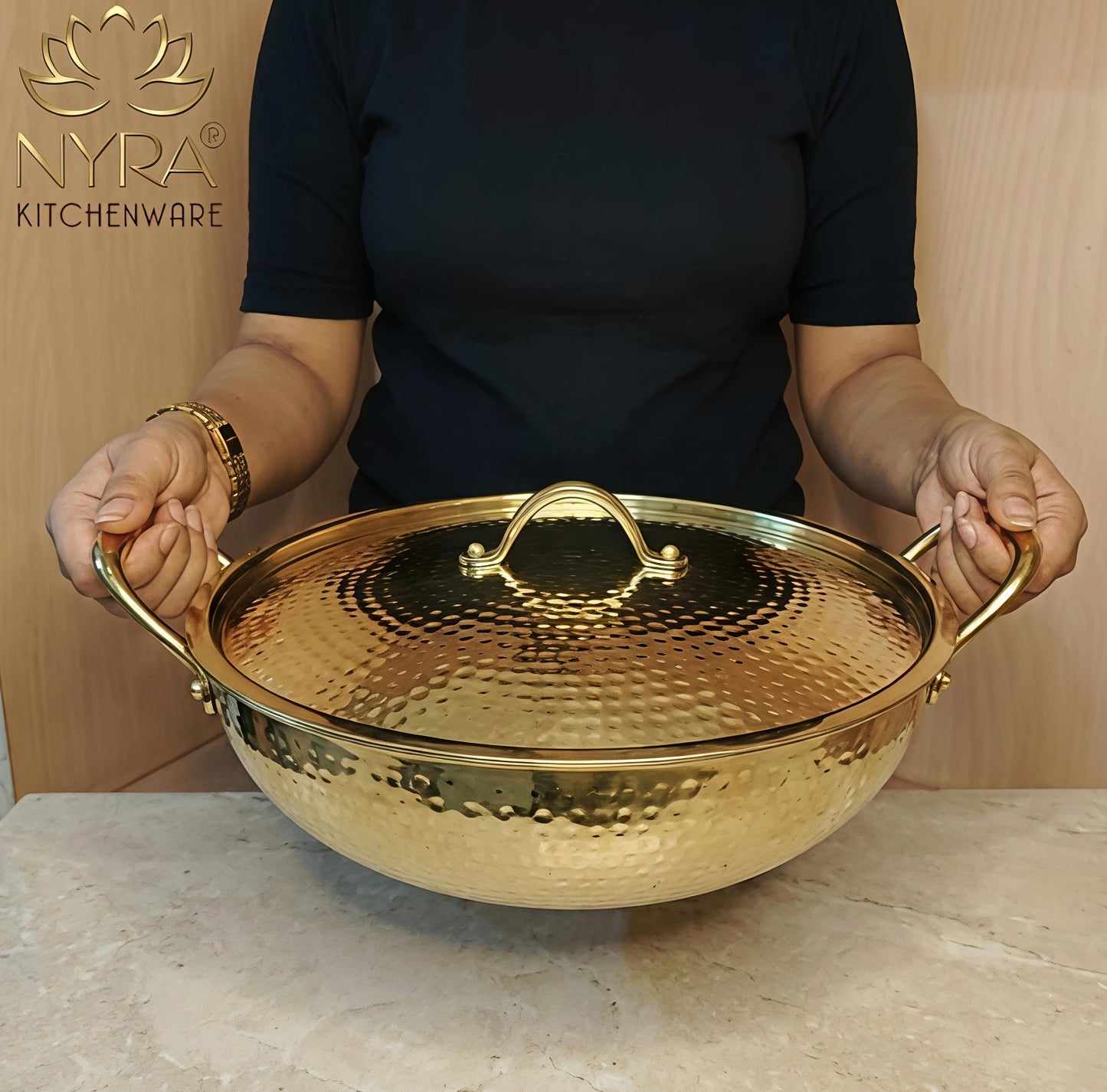 Premium Pure Brass Hammered Kadhai with Lid | Authentic Tin-Coated (Kalai) Cooking Wok - Traditional Mathar Finish Brass Cookware for Biryani & Curries