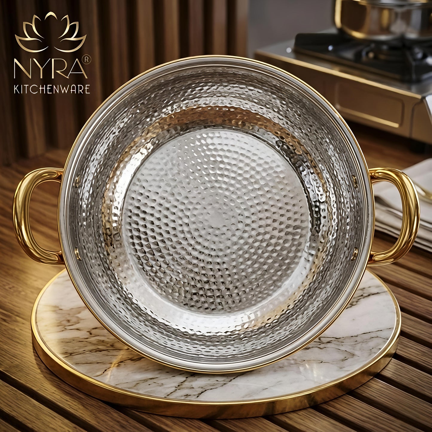 Premium Pure Brass Hammered Kadhai with Lid | Authentic Tin-Coated (Kalai) Cooking Wok - Traditional Mathar Finish Brass Cookware for Biryani & Curries