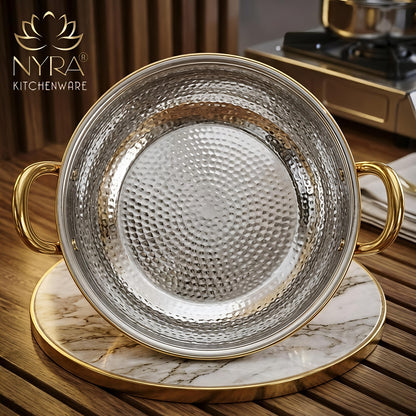 Premium Pure Brass Hammered Kadhai with Lid | Authentic Tin-Coated (Kalai) Cooking Wok - Traditional Mathar Finish Brass Cookware for Biryani & Curries