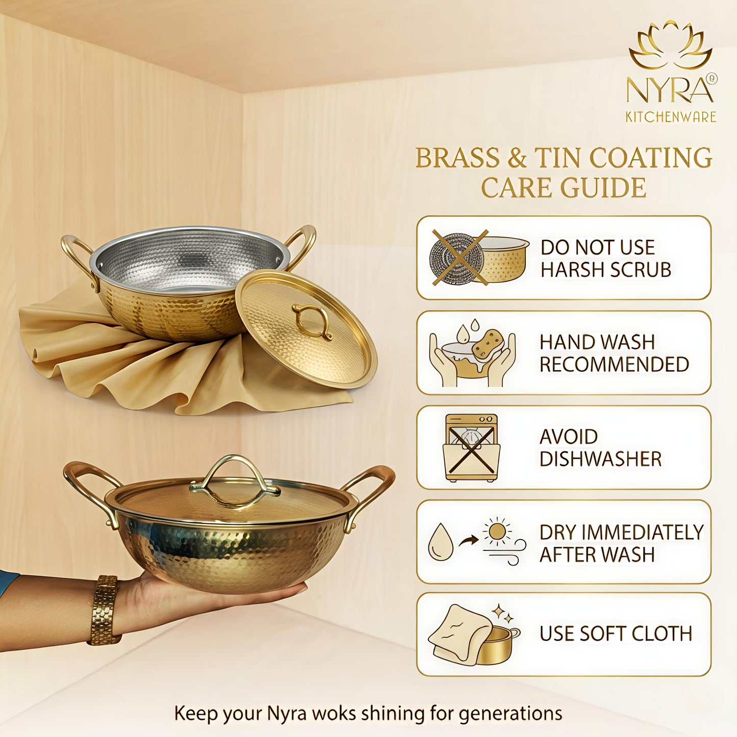 Premium Pure Brass Hammered Kadhai with Lid | Authentic Tin-Coated (Kalai) Cooking Wok - Traditional Mathar Finish Brass Cookware for Biryani & Curries