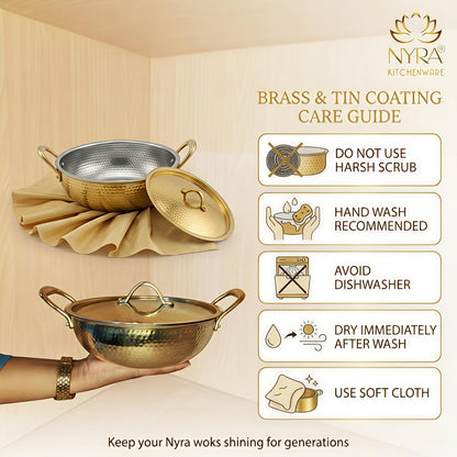 Premium Pure Brass Hammered Kadhai with Lid | Authentic Tin-Coated (Kalai) Cooking Wok - Traditional Mathar Finish Brass Cookware for Biryani & Curries