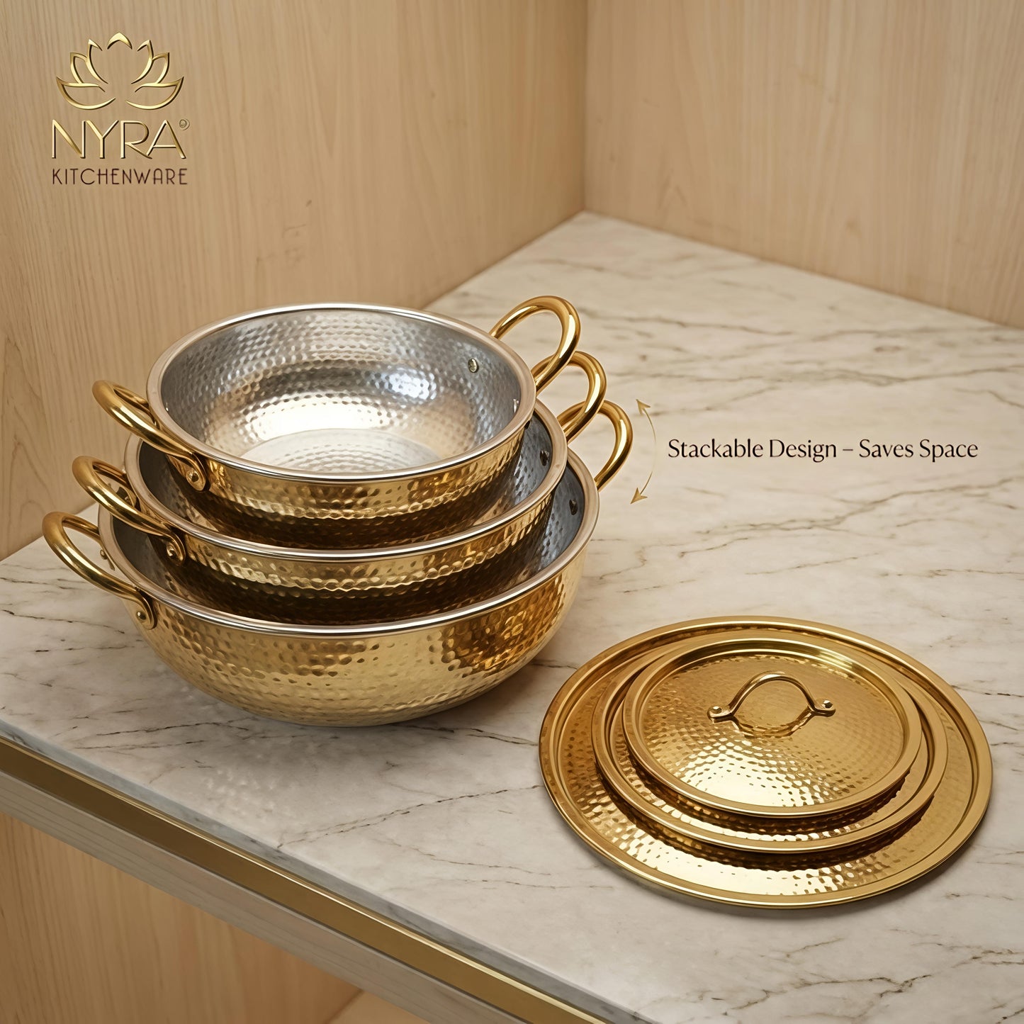 Premium Pure Brass Hammered Kadhai with Lid | Authentic Tin-Coated (Kalai) Cooking Wok - Traditional Mathar Finish Brass Cookware for Biryani & Curries