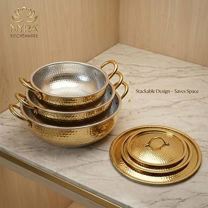 Premium Pure Brass Hammered Kadhai with Lid | Authentic Tin-Coated (Kalai) Cooking Wok - Traditional Mathar Finish Brass Cookware for Biryani & Curries