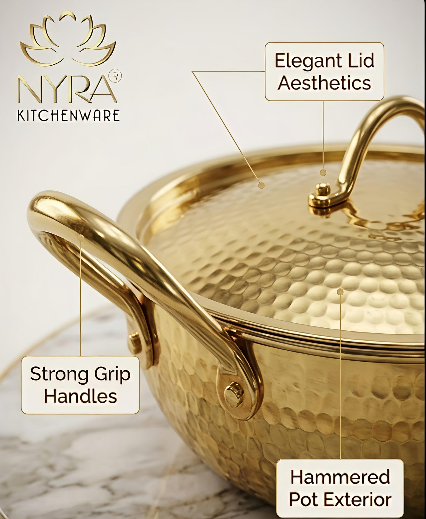 Premium Pure Brass Hammered Kadhai with Lid | Authentic Tin-Coated (Kalai) Cooking Wok - Traditional Mathar Finish Brass Cookware for Biryani & Curries