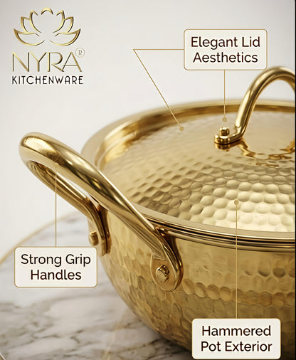 Premium Pure Brass Hammered Kadhai with Lid | Authentic Tin-Coated (Kalai) Cooking Wok - Traditional Mathar Finish Brass Cookware for Biryani & Curries