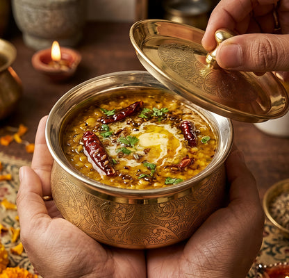 Premium Pure Brass Handi with Lid | Hand-Etched Traditional Serveware with Kalai (Tin) Coating