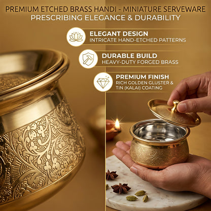 Premium Pure Brass Handi with Lid | Hand-Etched Traditional Serveware with Kalai (Tin) Coating