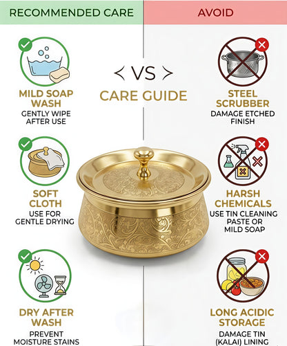 Premium Pure Brass Handi with Lid | Hand-Etched Traditional Serveware with Kalai (Tin) Coating