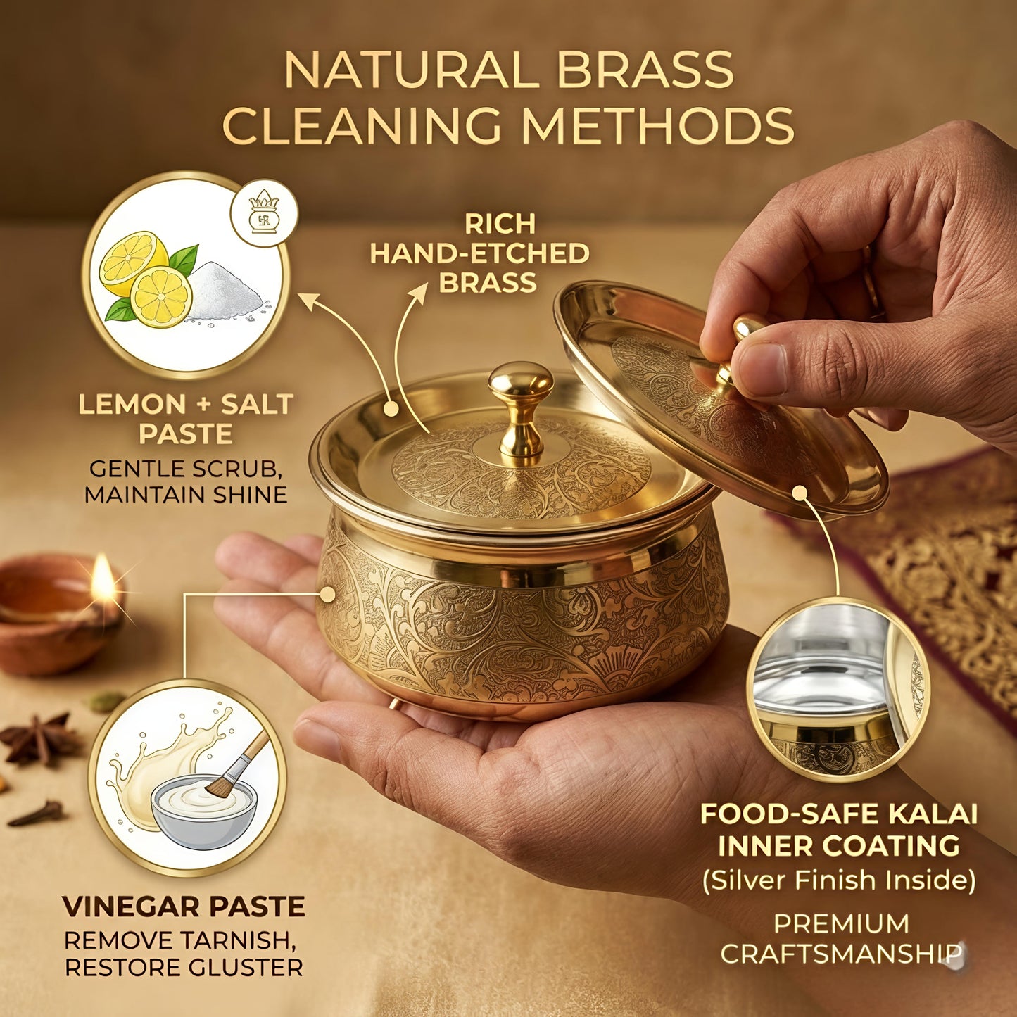Premium Pure Brass Handi with Lid | Hand-Etched Traditional Serveware with Kalai (Tin) Coating