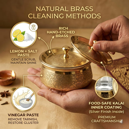 Premium Pure Brass Handi with Lid | Hand-Etched Traditional Serveware with Kalai (Tin) Coating