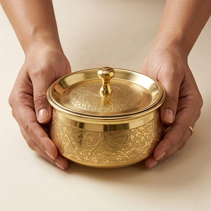 Premium Pure Brass Handi with Lid | Hand-Etched Traditional Serveware with Kalai (Tin) Coating