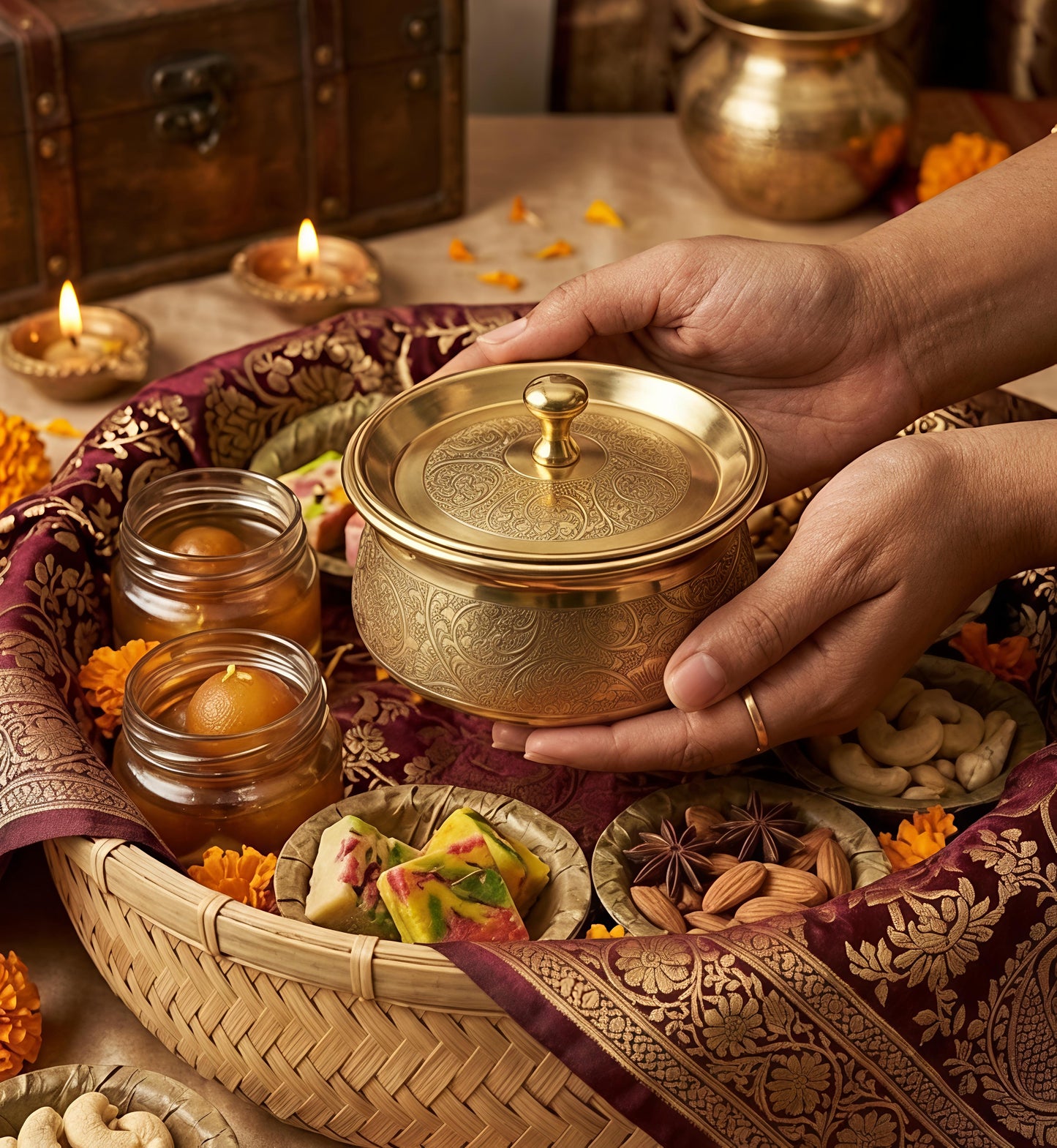 Premium Pure Brass Handi with Lid | Hand-Etched Traditional Serveware with Kalai (Tin) Coating