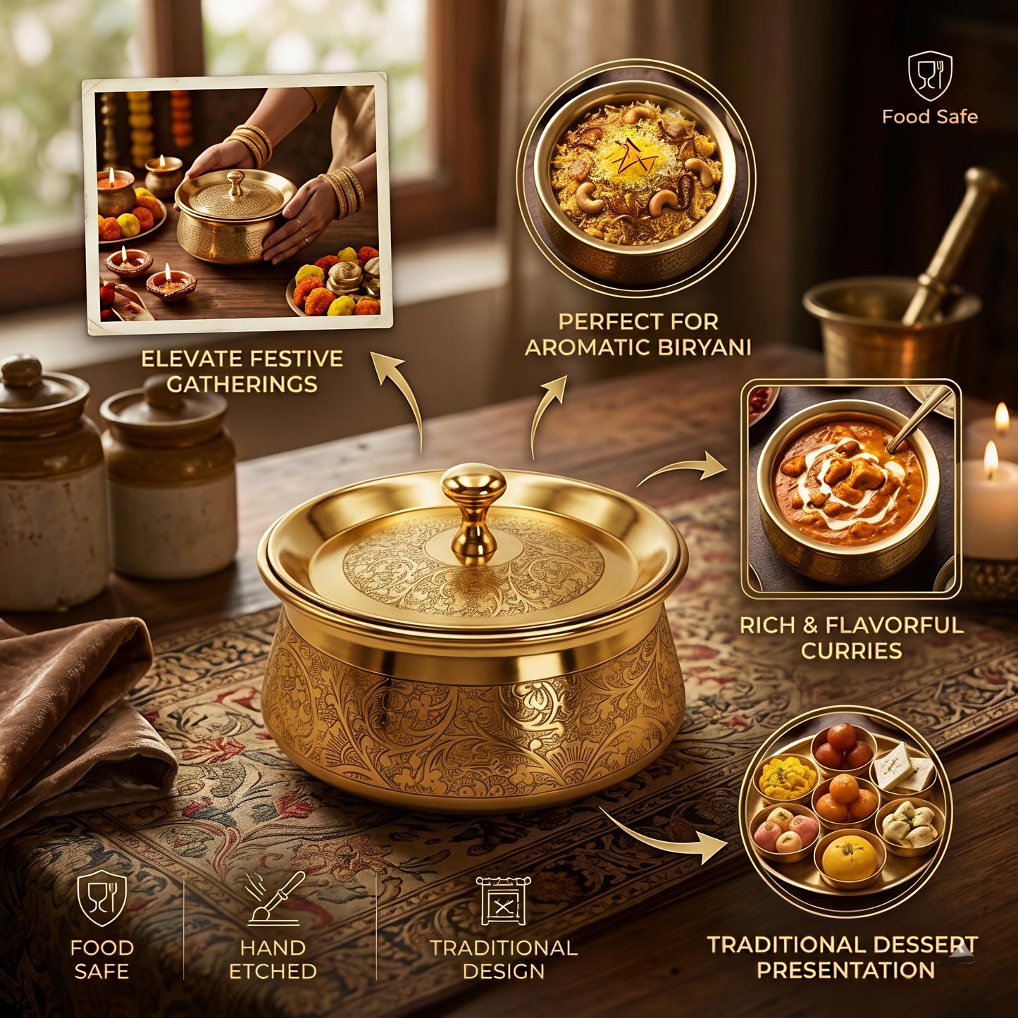 Premium Pure Brass Handi with Lid | Hand-Etched Traditional Serveware with Kalai (Tin) Coating