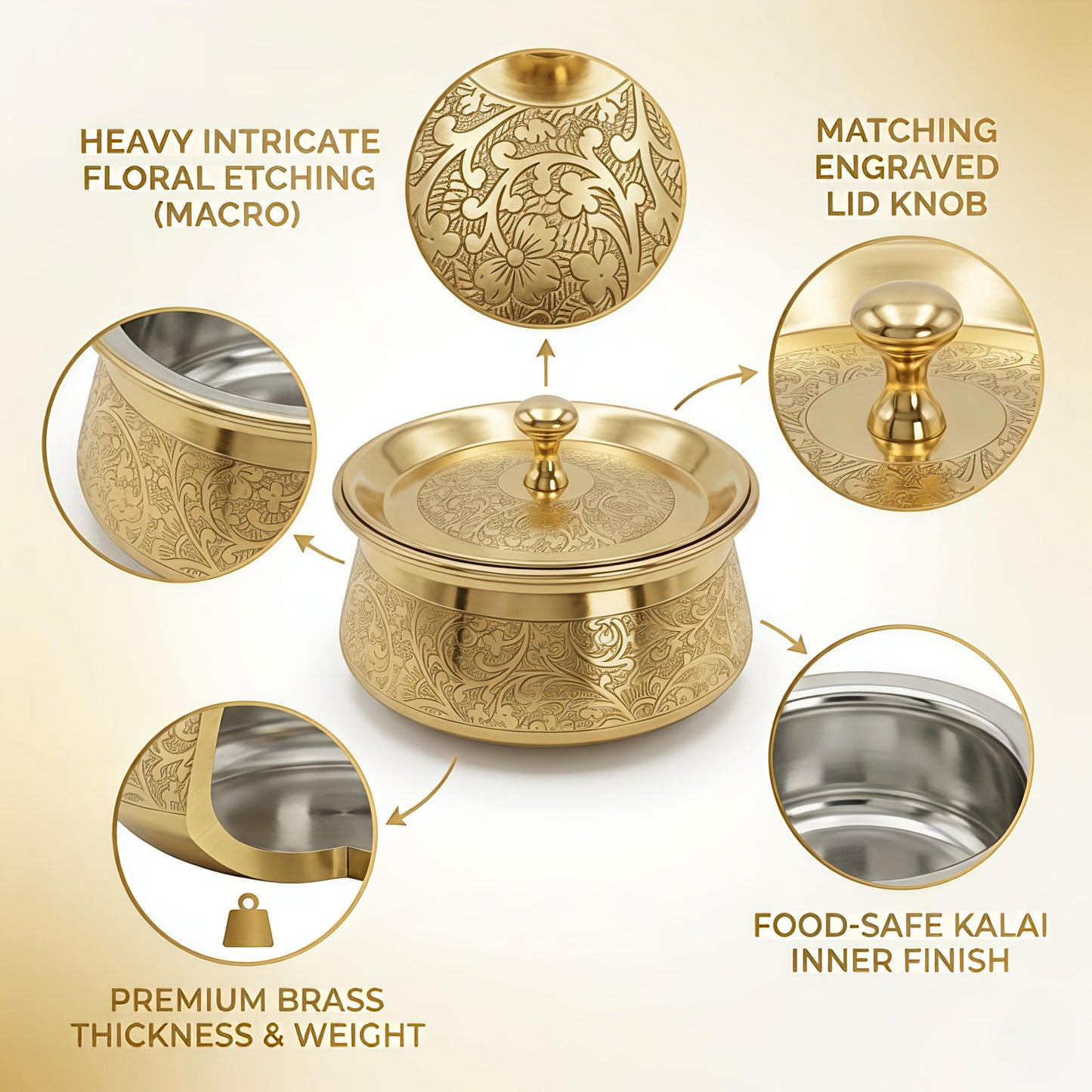 Premium Pure Brass Handi with Lid | Hand-Etched Traditional Serveware with Kalai (Tin) Coating