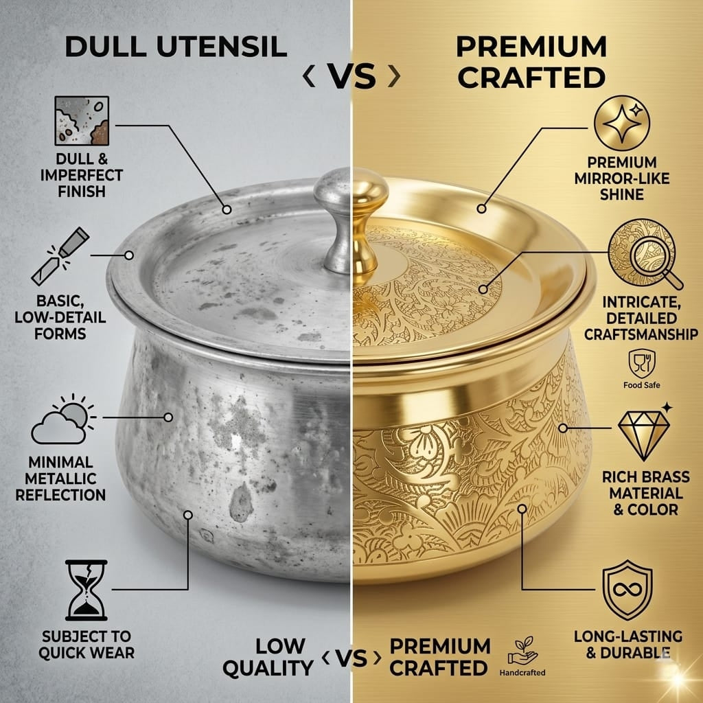 Premium Pure Brass Handi with Lid | Hand-Etched Traditional Serveware with Kalai (Tin) Coating