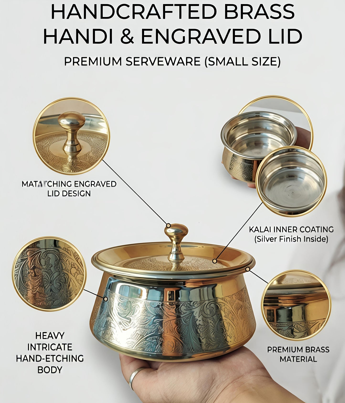 Premium Pure Brass Handi with Lid | Hand-Etched Traditional Serveware with Kalai (Tin) Coating