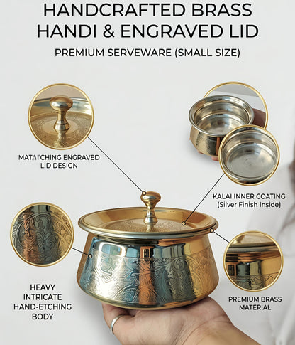 Premium Pure Brass Handi with Lid | Hand-Etched Traditional Serveware with Kalai (Tin) Coating