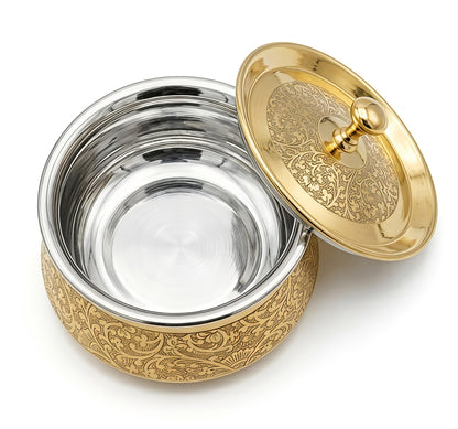 Premium Pure Brass Handi with Lid | Hand-Etched Traditional Serveware with Kalai (Tin) Coating