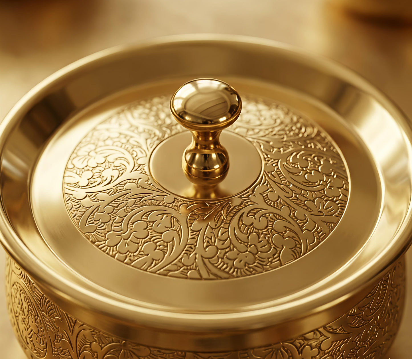 Premium Pure Brass Handi with Lid | Hand-Etched Traditional Serveware with Kalai (Tin) Coating