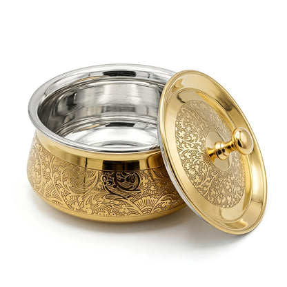 Premium Pure Brass Handi with Lid | Hand-Etched Traditional Serveware with Kalai (Tin) Coating
