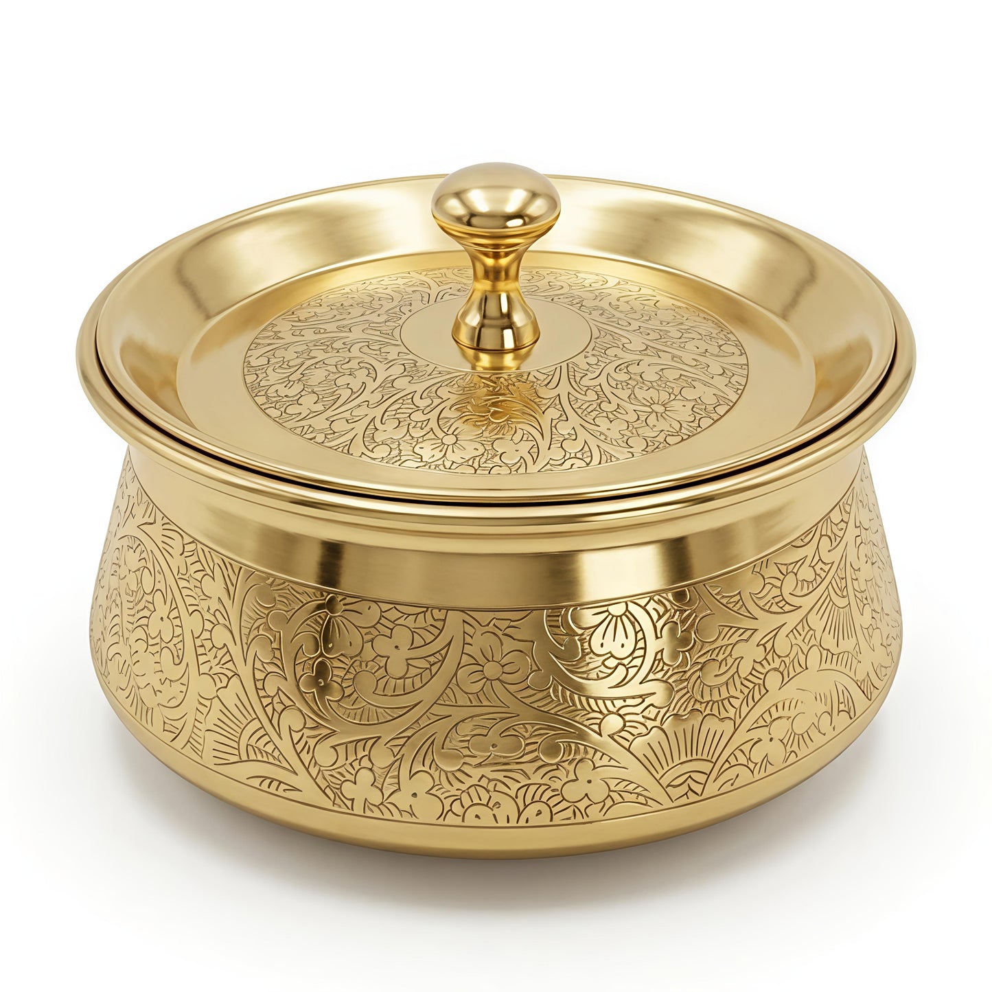 Premium Pure Brass Handi with Lid | Hand-Etched Traditional Serveware with Kalai (Tin) Coating