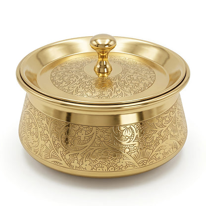 Premium Pure Brass Handi with Lid | Hand-Etched Traditional Serveware with Kalai (Tin) Coating
