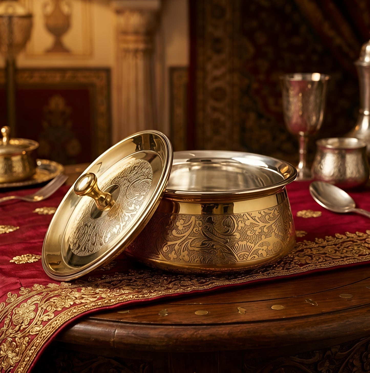 Premium Pure Brass Handi with Lid | Hand-Etched Traditional Serveware with Kalai (Tin) Coating