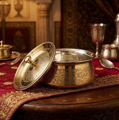 Premium Pure Brass Handi with Lid | Hand-Etched Traditional Serveware with Kalai (Tin) Coating