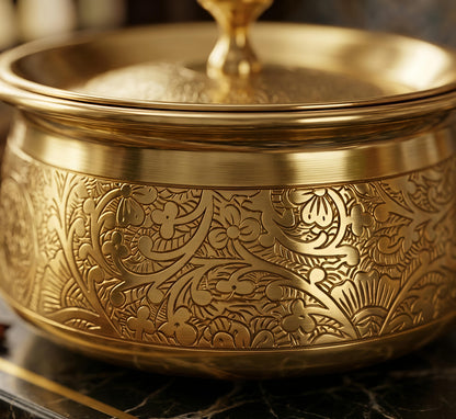 Premium Pure Brass Handi with Lid | Hand-Etched Traditional Serveware with Kalai (Tin) Coating