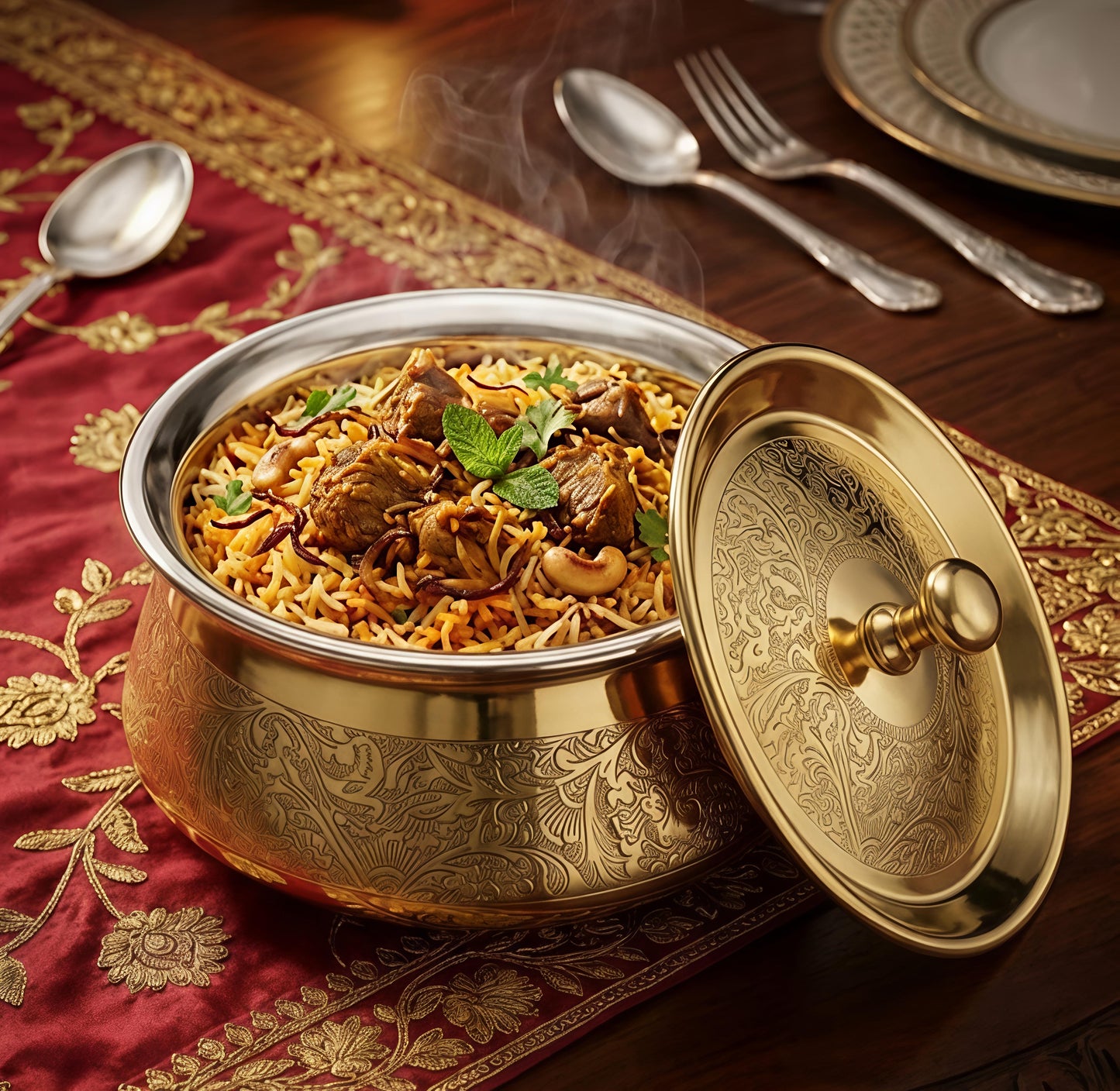 Premium Pure Brass Handi with Lid | Hand-Etched Traditional Serveware with Kalai (Tin) Coating