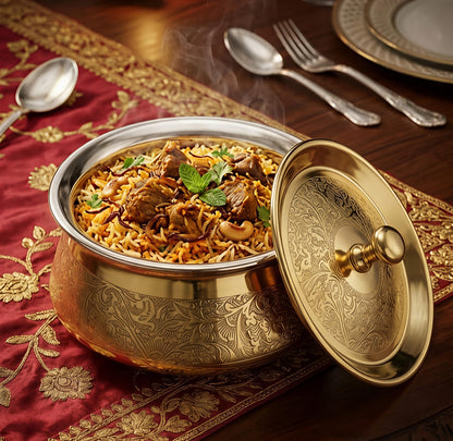 Premium Pure Brass Handi with Lid | Hand-Etched Traditional Serveware with Kalai (Tin) Coating