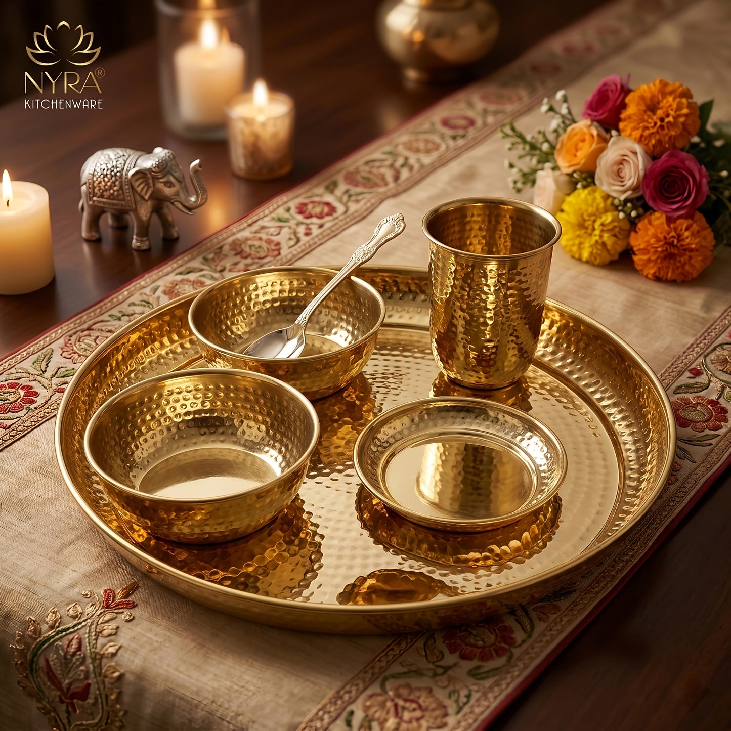 Premium Brass Hammered Thali Set of 6 Pcs | Traditional Dinnerware Peetal Bhojan Set - Glossy Finish Luxury Gifting ( Plate, 2 Bowls, Glass, Spoon & Pudding Dish )