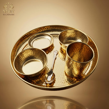 Premium Brass Hammered Thali Set of 6 Pcs | Traditional Dinnerware Peetal Bhojan Set - Glossy Finish Luxury Gifting ( Plate, 2 Bowls, Glass, Spoon & Pudding Dish )