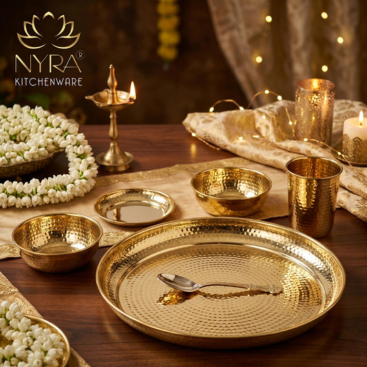 Premium Brass Hammered Thali Set of 6 Pcs | Traditional Dinnerware Peetal Bhojan Set - Glossy Finish Luxury Gifting ( Plate, 2 Bowls, Glass, Spoon & Pudding Dish )