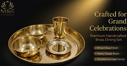 Premium Brass Hammered Thali Set of 6 Pcs | Traditional Dinnerware Peetal Bhojan Set - Glossy Finish Luxury Gifting ( Plate, 2 Bowls, Glass, Spoon & Pudding Dish )