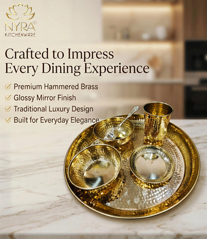 Premium Brass Hammered Thali Set of 6 Pcs | Traditional Dinnerware Peetal Bhojan Set - Glossy Finish Luxury Gifting ( Plate, 2 Bowls, Glass, Spoon & Pudding Dish )