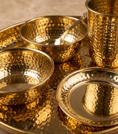 Premium Brass Hammered Thali Set of 6 Pcs | Traditional Dinnerware Peetal Bhojan Set - Glossy Finish Luxury Gifting ( Plate, 2 Bowls, Glass, Spoon & Pudding Dish )
