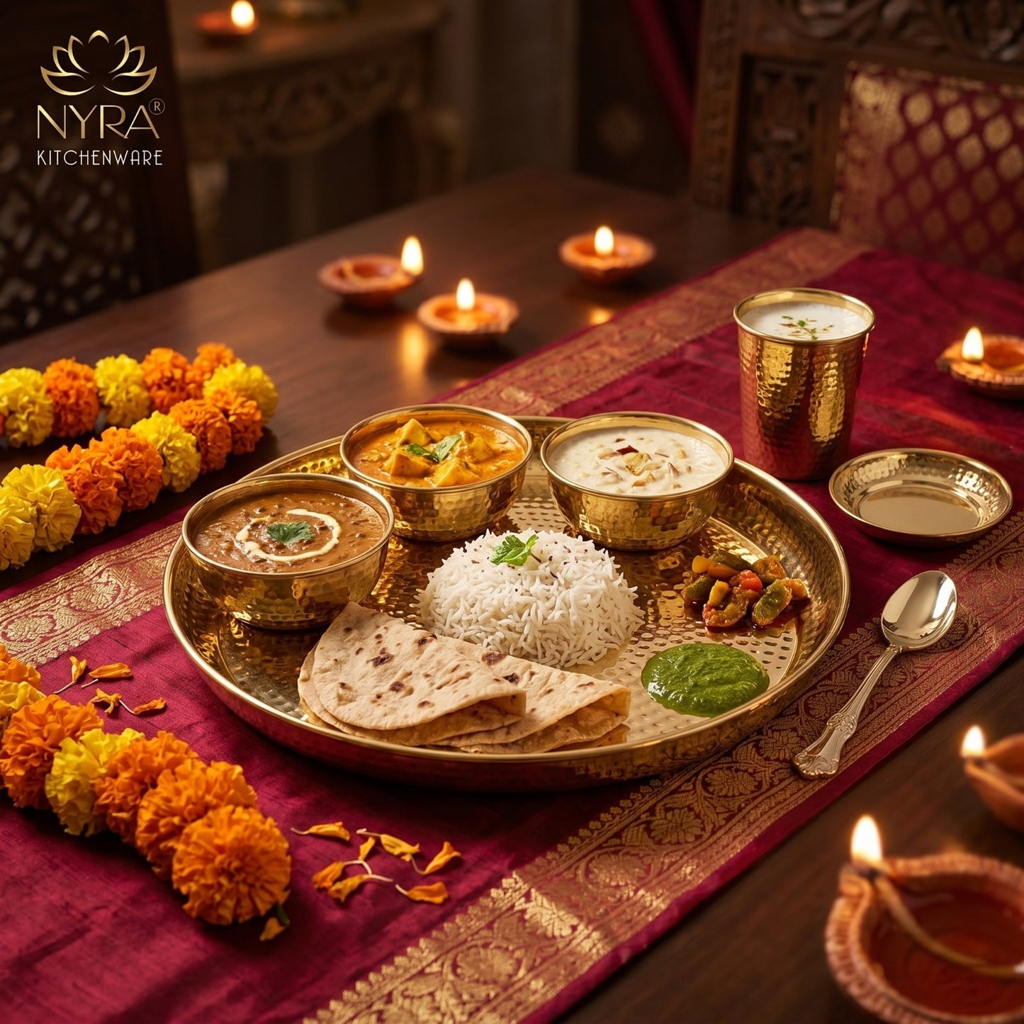 Premium Brass Hammered Thali Set of 6 Pcs | Traditional Dinnerware Peetal Bhojan Set - Glossy Finish Luxury Gifting ( Plate, 2 Bowls, Glass, Spoon & Pudding Dish )