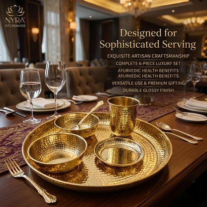Premium Brass Hammered Thali Set of 6 Pcs | Traditional Dinnerware Peetal Bhojan Set - Glossy Finish Luxury Gifting ( Plate, 2 Bowls, Glass, Spoon & Pudding Dish )