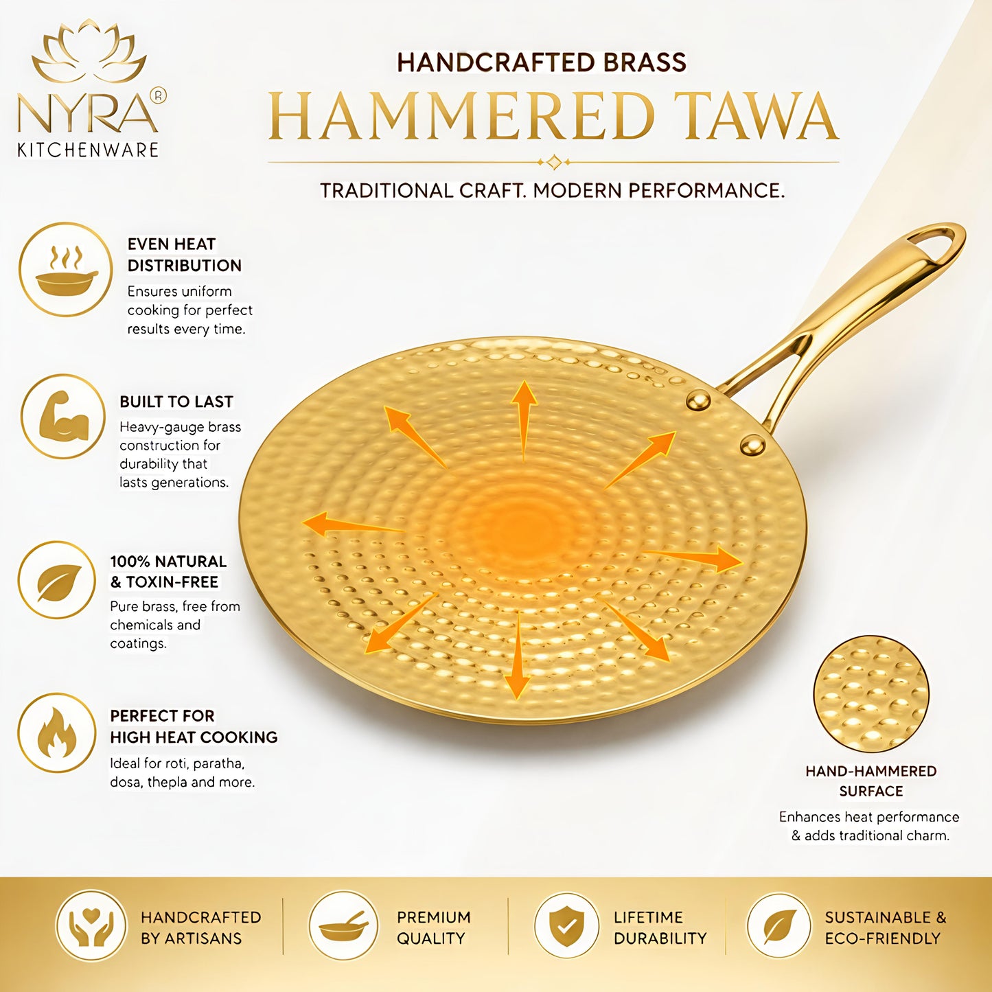 Premium Brass Hammered Tawa - 10-Inch Traditional Flat Griddle (Roti Pan) | Handcrafted High-Thermal Conductivity Crepe Pan with Ergonomic Handle