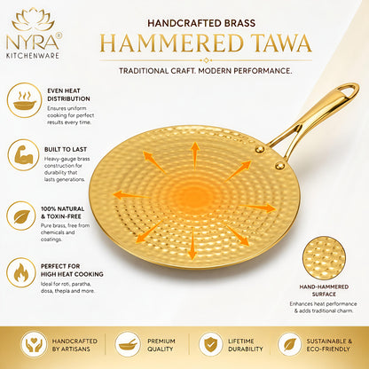 Premium Brass Hammered Tawa - 10-Inch Traditional Flat Griddle (Roti Pan) | Handcrafted High-Thermal Conductivity Crepe Pan with Ergonomic Handle