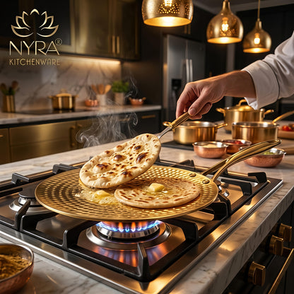 Premium Brass Hammered Tawa - 10-Inch Traditional Flat Griddle (Roti Pan) | Handcrafted High-Thermal Conductivity Crepe Pan with Ergonomic Handle