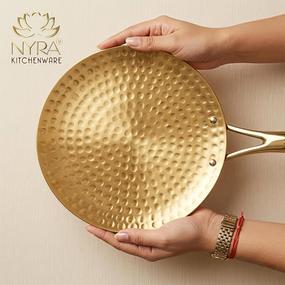Premium Brass Hammered Tawa - 10-Inch Traditional Flat Griddle (Roti Pan) | Handcrafted High-Thermal Conductivity Crepe Pan with Ergonomic Handle