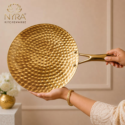 Premium Brass Hammered Tawa - 10-Inch Traditional Flat Griddle (Roti Pan) | Handcrafted High-Thermal Conductivity Crepe Pan with Ergonomic Handle